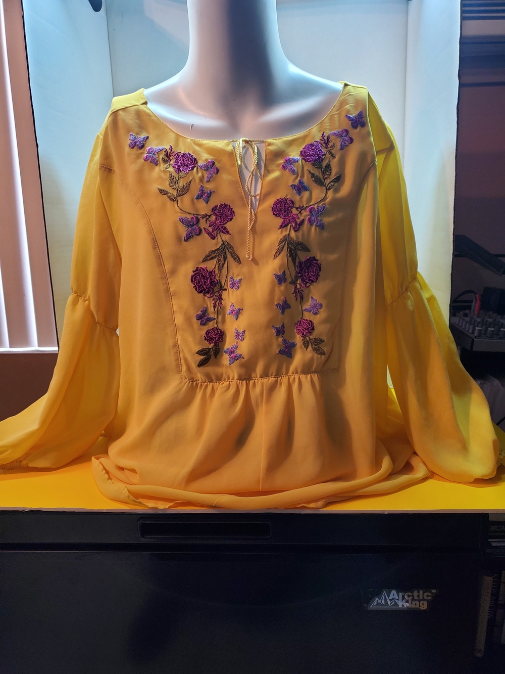 Avon Yellow Embroidered Peasant Tunic with Purple Floral Accents